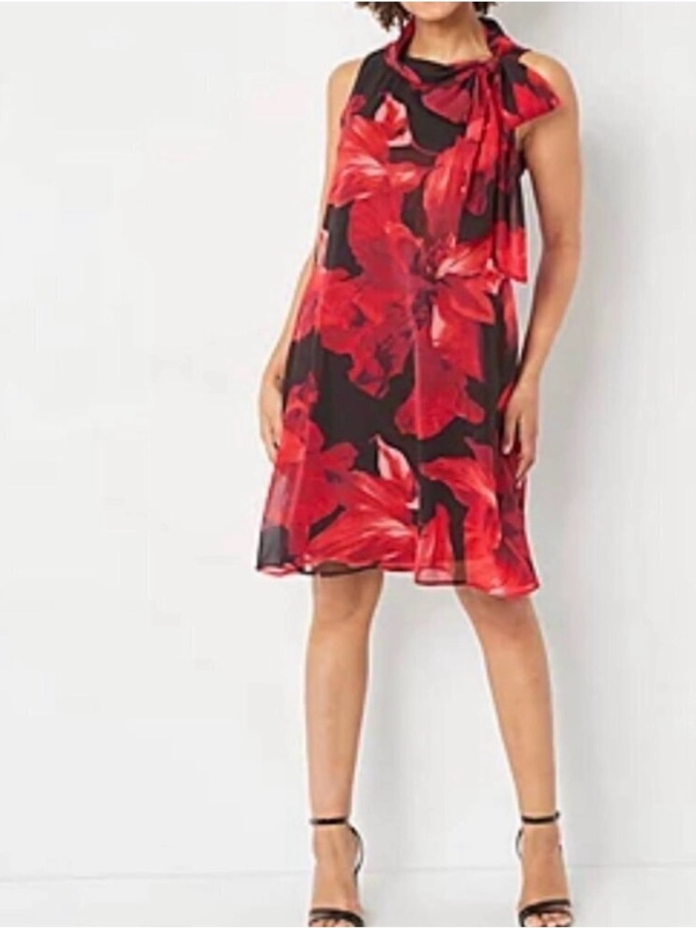 VTG Red Black Dress Fairy Romance Retro Tie Neck Flowy Party Babydoll Cowl XL